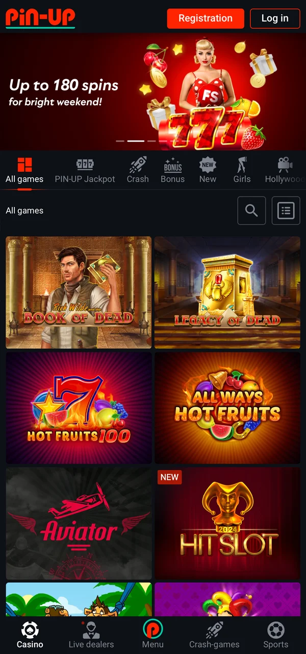 Showcasing a diverse range of casino games available on the Pin-Up app.