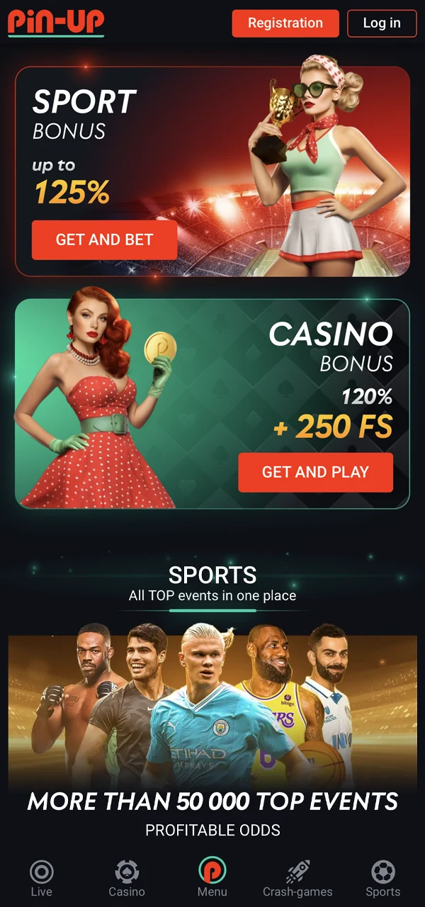 Home page of the Pin-Up Casino app.